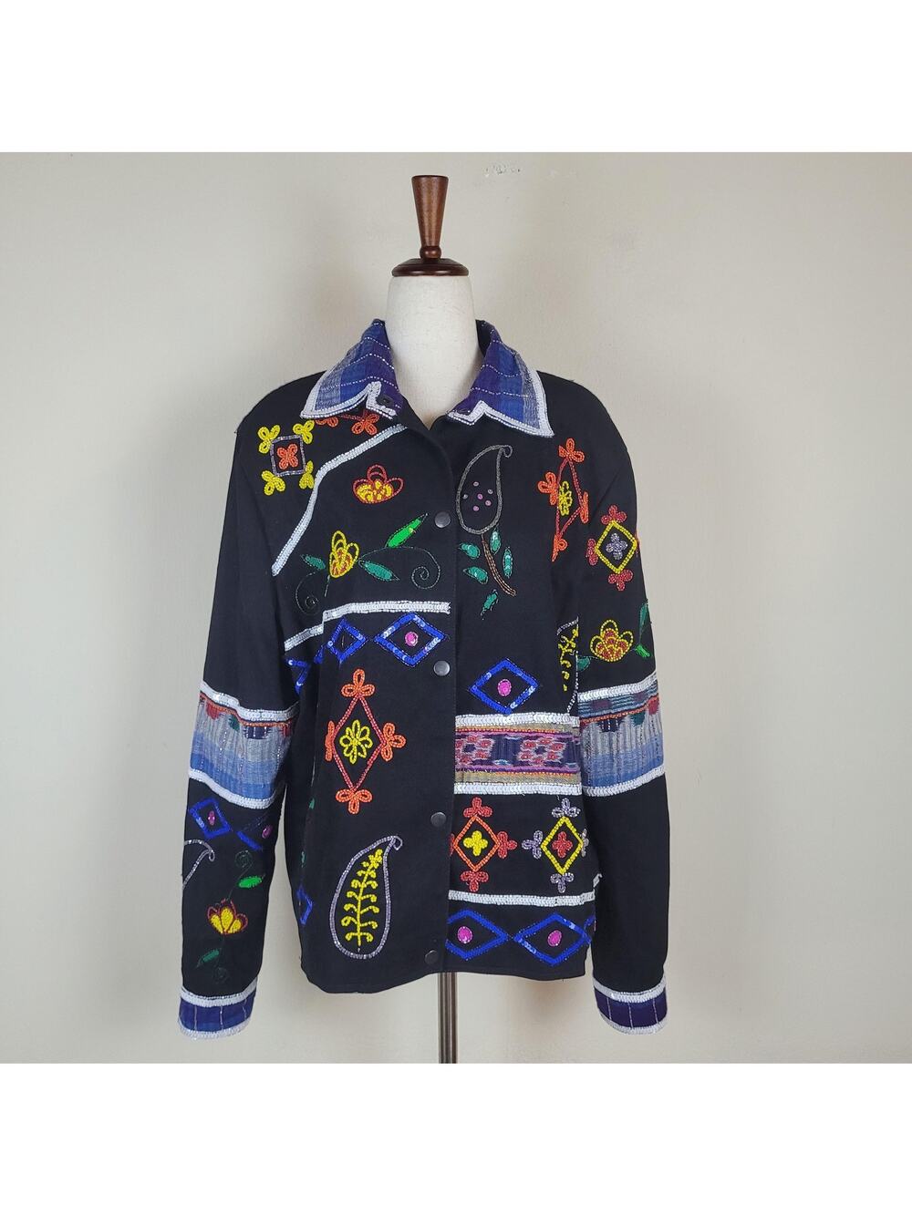 VTG MODI DENIM Jacket Med Artisan Paisley Sequin Wearable Art Folk 80s Abstract
